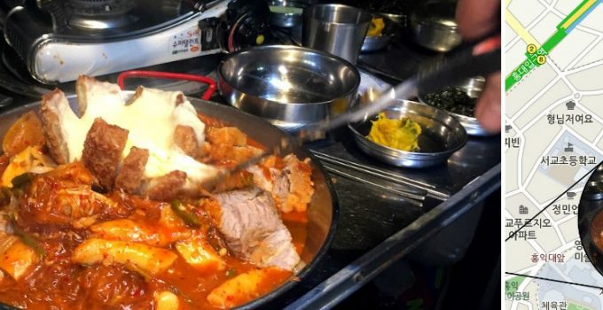 【韓美食】弘大。邪惡芝士壓力泡菜鍋，米紙包三層肉超好吃 (附影片及地址)